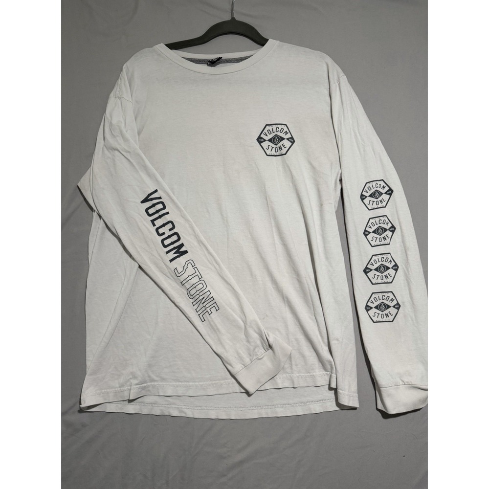 volcom stone, small logo, sleeve design, ls white tee, men's large t-shirt